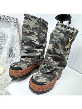 Canvas Platform Boots Slouchy Fold Over Camo Green Pull On 6.5